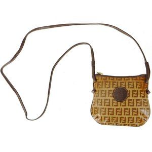 Vintage FENDI Brown Zucca Zucchino Canvas Leather Shoulder Crossbody Pouch Bag